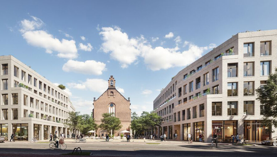 Panoramablick auf das Projekt maxfrei in Düsseldorf mit seiner Kapelle