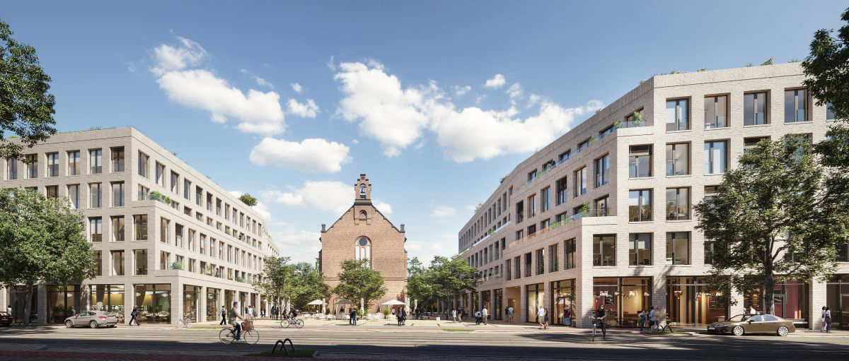 Panoramablick auf das Projekt maxfrei in Düsseldorf mit seiner Kapelle