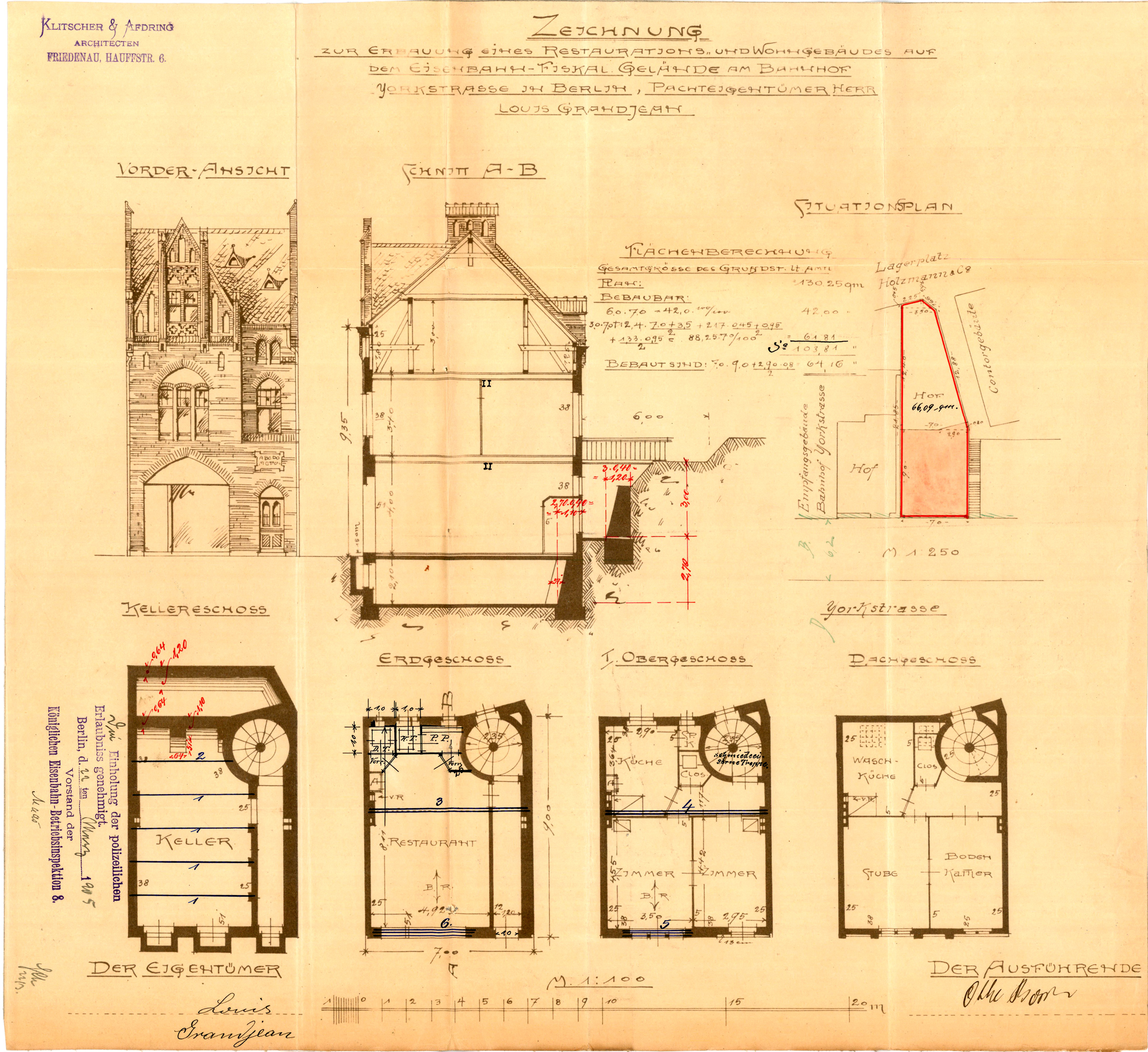 Zeichnung zur Erbauung eines Restaurations- und Wohngebäudes auf dem Eisenbahn-Fiskal Gelände am Bahnhof Yorkstrasse in Berlin, Pachteigentümer Herr Louis Grandjean