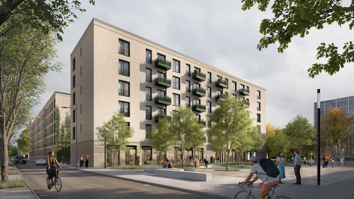 Visualisierung vom Quartiersplatz des Löwitz Quartiers mit Blick auf die Mietwohnungen